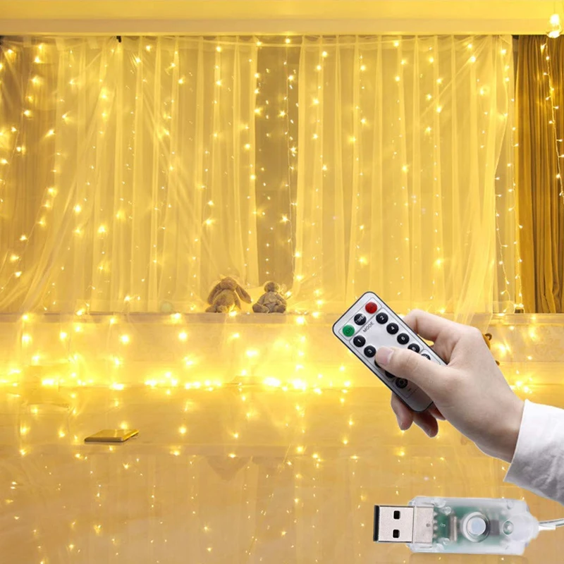 

3x3 Meter LED Curtain Light Waterproof USB Copper Wire Fairy Light With Remote Control Outdoor Garland For Xmas Party