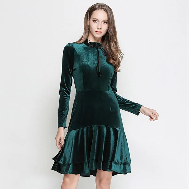 Gold Velvet Dress 2022 Europe A-Line Ruffles Dresses - Elegant Long Sleeves Velour Vestidos Gree | Женская одежда