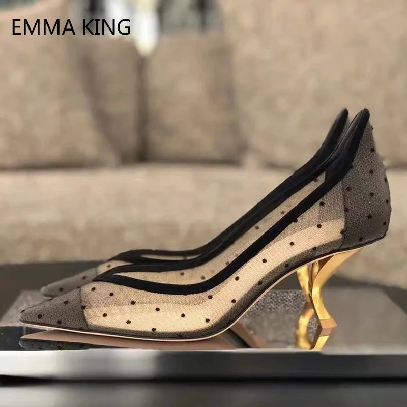 

2019 Spring Pumps Women Silk Mesh Polka Dot Metal Cat Heel Shoes Female Stiletto Sexy Pointed Party Leisure Shoes Comfortable