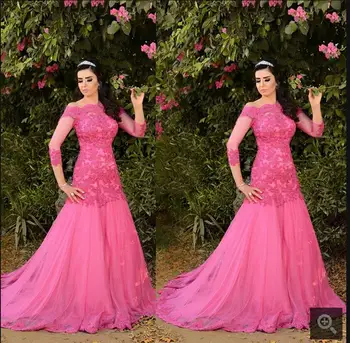 

2016 new design off the shoulder mermaid prom dress 3/4 sleeve lace appliques cheap elegant prom dresses hot sale