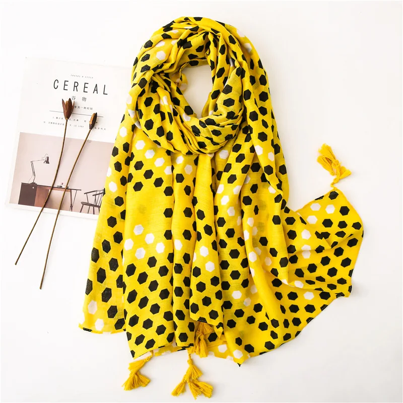 Marte&Joven Women Funny honeycomb Pattern Yellow Tassels Scarves Comfortable Spring Autumn Winter Warm Shawl Stole Female Hijab