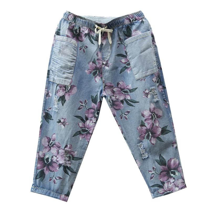 Винтажные Капри, джинсы для женщин, лето, высокая талия, длина до середины икры, Джинсовые штаны с цветочным принтом, джинсы капри для женщин, джинсы для женщин