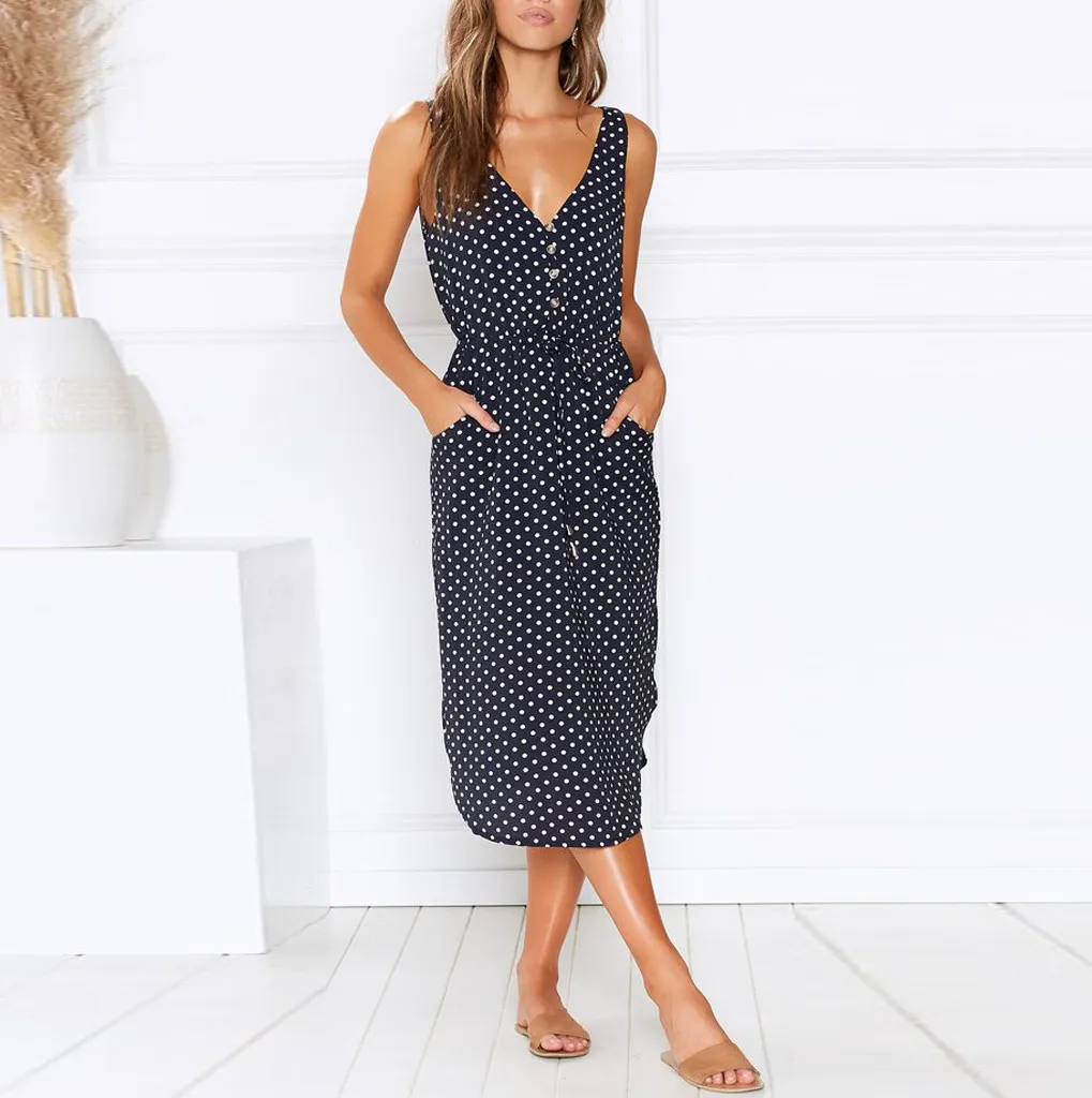 

Sleeveless Sashes Button Dot Printed Womens Boho Bandage Sundress Ladies Dot Print Sleeveless V-Neck Party Dress Drop Shipping