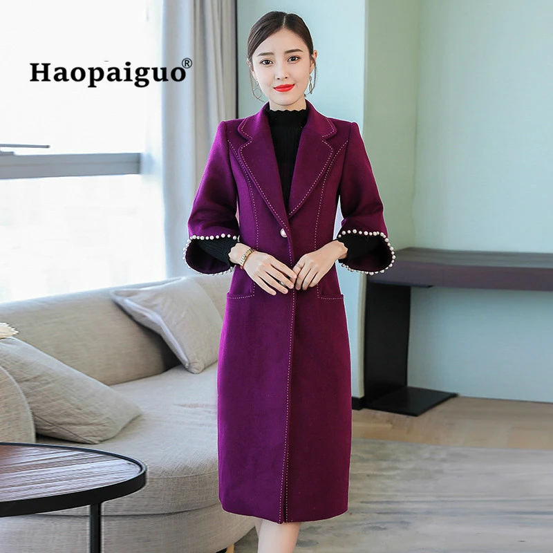 Abrigos de talla grande para mujer, abrigo largo de algodón, elegante, púrpura, con cuello vuelto, cuentas, para fiesta y Club|Lana y mezclas| - AliExpress