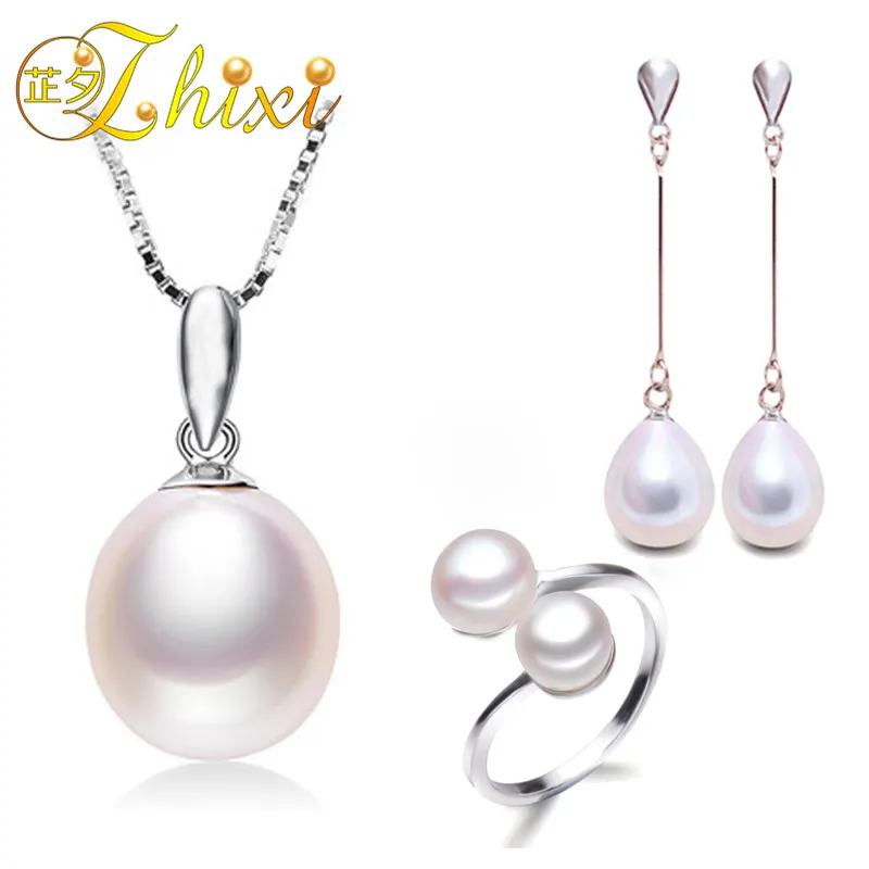 

ZHIXI Wedding Jewelry Set Natural Freshwater Pearl Necklace Pendant Earring Ring 8-9mm Trendy Fine Jewelry For Bride Gift TC1032