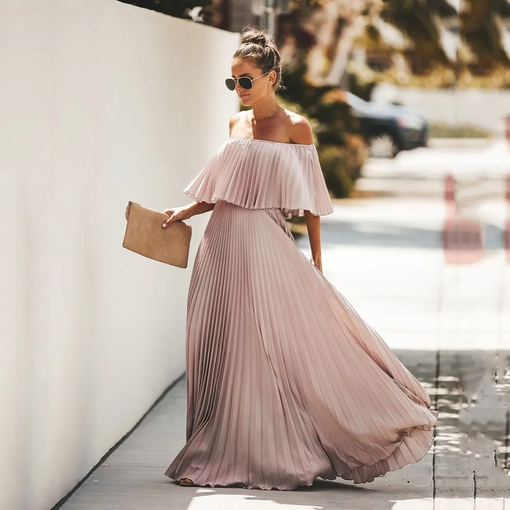 Длинное Плиссированное шифоновое платье с открытыми плечами для женщин осеннее Однотонное Платье макси с открытыми плечами элегантное вечернее платье с оборками vestidos - Цвет: Розовый