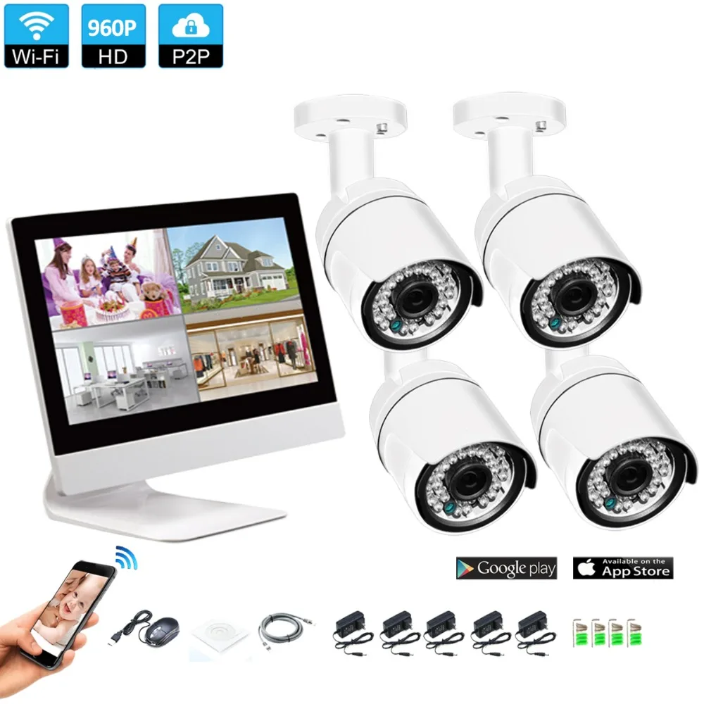 

Wireless Surveillance System Network 10.1 Inch LCD Monitor NVR Recorder Wifi Kit 4CH 960P HD Video Inputs Security Camera