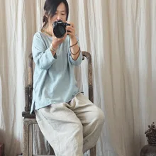 Женская хлопковая льняная жаккардовая футболка женские свободные ретро-топы с круглым вырезом Женские винтажные однотонные футболки