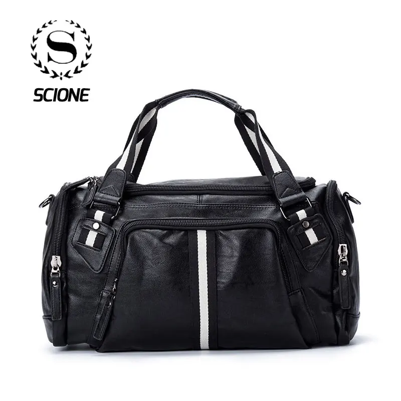 

Scione PU Leather Travel Bags Men Large Capacity Striped Luggage Handbags Waterproof Weekend Duffel Sport Shoulder Tote Bag