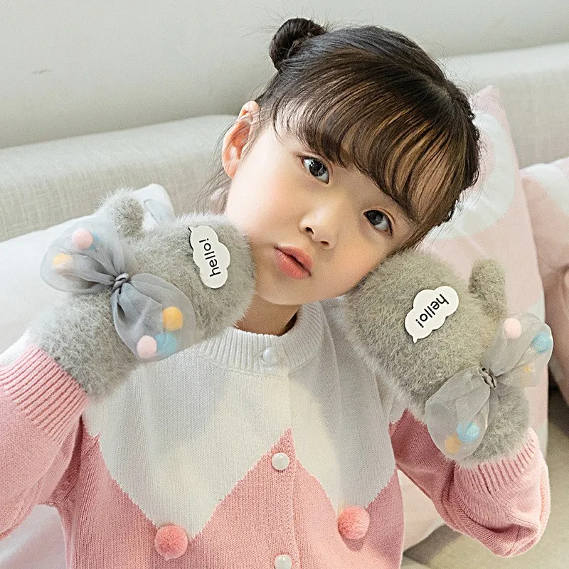 Baby Girls Knitted Gloves Winter Warm Lovely Lace Full Finger Mittens