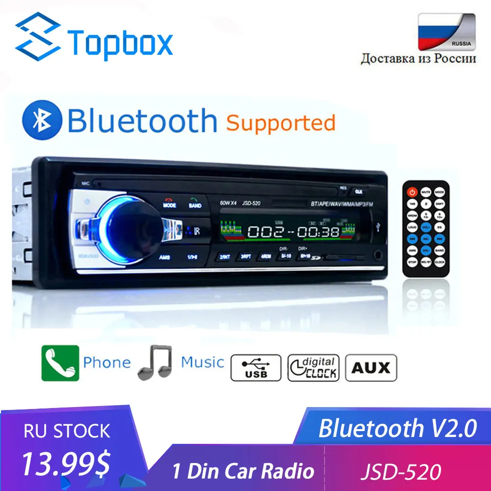 

Topbox Bluetooth Autoradio Car Stereo Radio FM Aux Input Receiver SD USB JSD-520 12V In-dash 1 din Car MP3 Multimedia Player