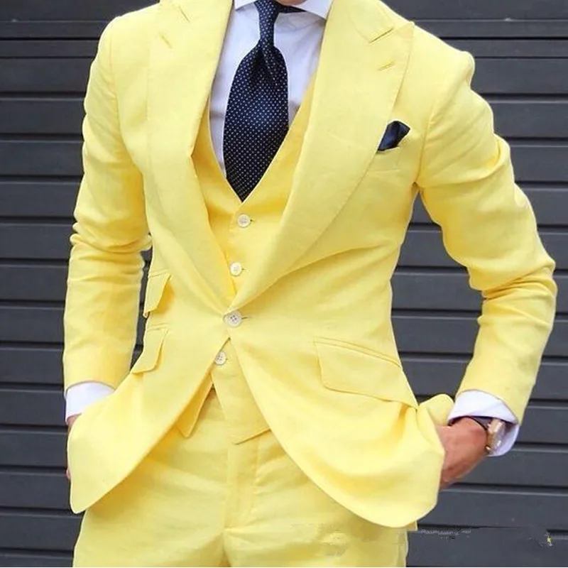 Модные Для мужчин s желтый костюм 3 предмета Slim Fit вечерние смокинги Для мужчин Нарядные Костюмы для свадьбы дружки костюмы костюм жениха