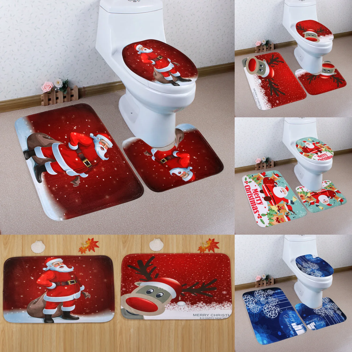 3PC CHRISTMAS FESTIVE SANTA TOILET SEAT COVER SET BATHROOM SET XMAS DECORATION