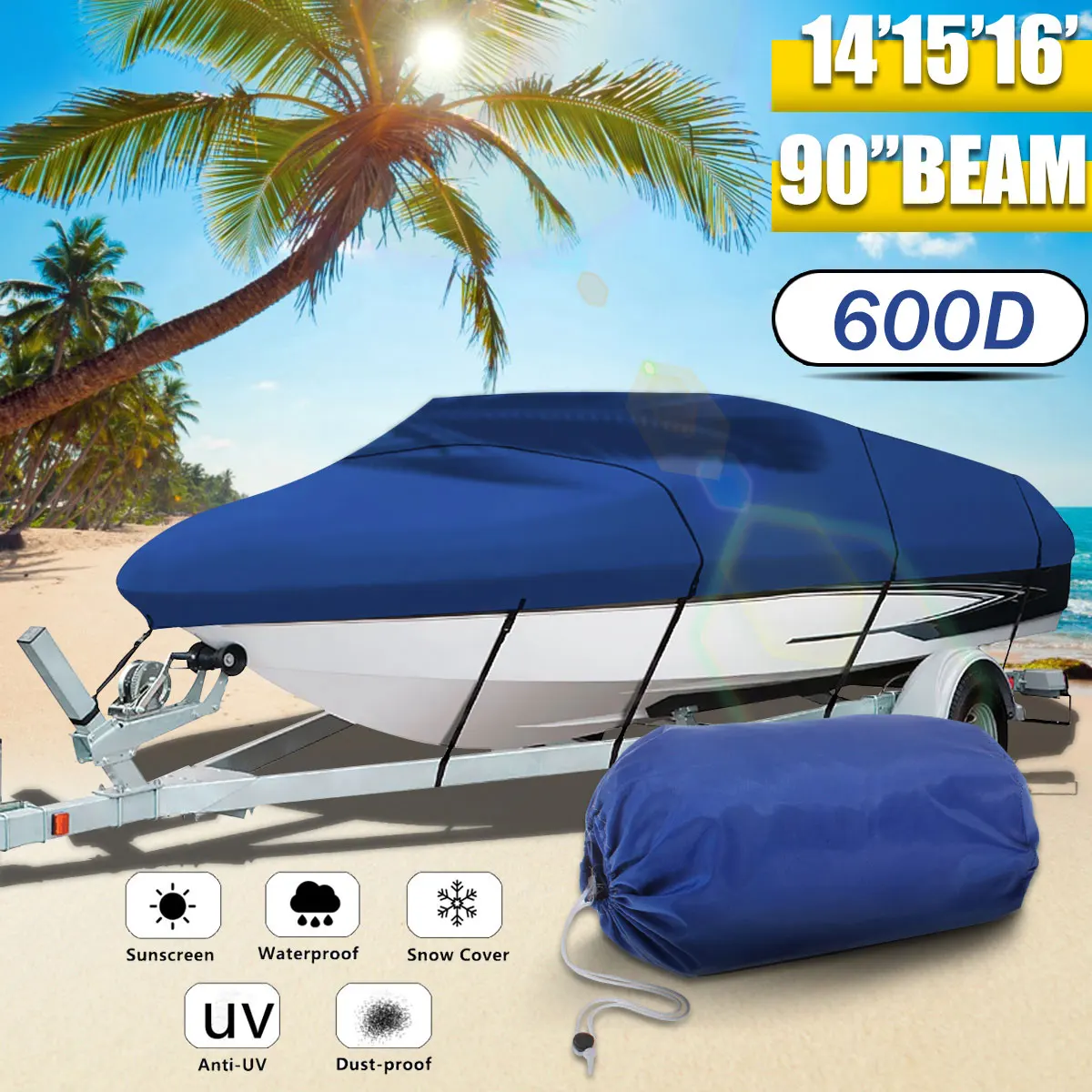 

14" 15" 16" Trailable Boat Cover Heavy 600D 90'' Beam Rectangle Blue Waterproof
