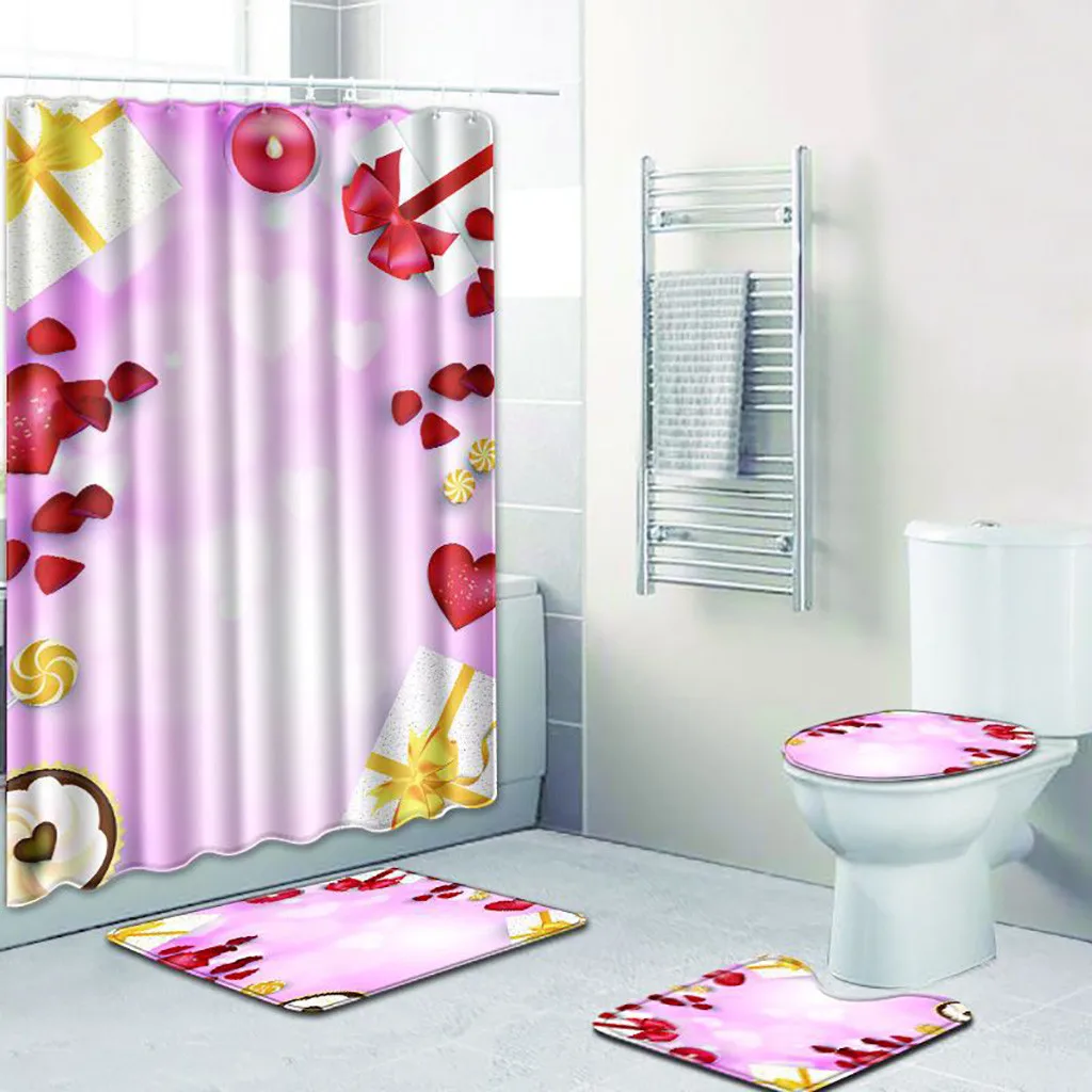 Набор для ванной из 4 предметов с рисунком розы, нескользящая крышка для унитаза из полиэстера, Набор ковриков для ванной комнаты, занавески для душа, декор rideau de douche 14. Apr.26