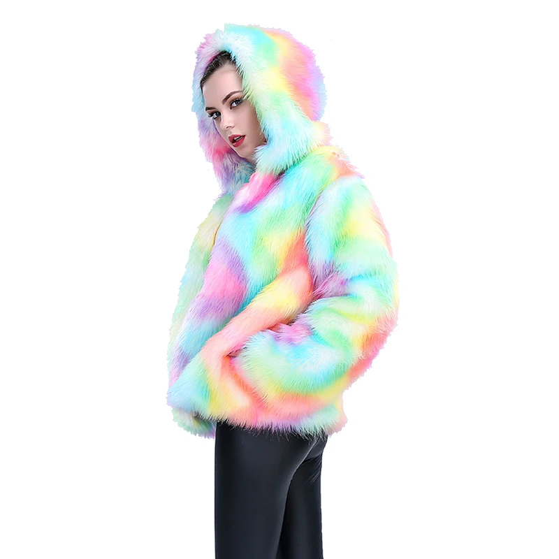 

2019 Fashion Women Colorful Faux Fox Fur Coat Hooded Female Rainbow Color Imitation Fur Jacket Lady Gradual Color Coat LJLS023