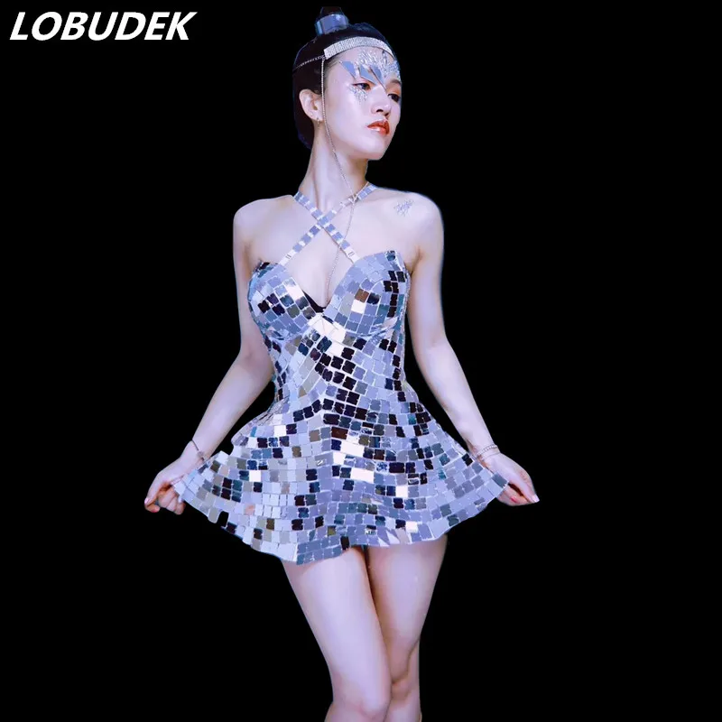 

Sexy Silver Mirrors Halter Mini Dress Women Birthday Party Sequins Short Dress Female Singer Bar Nightclub Stage Dance Costume