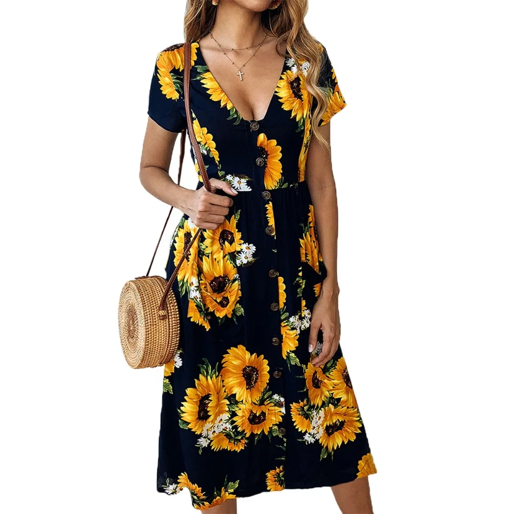 Летнее платье с цветочным принтом Boho пляжное туника Макси женский Сарафан Vestidos