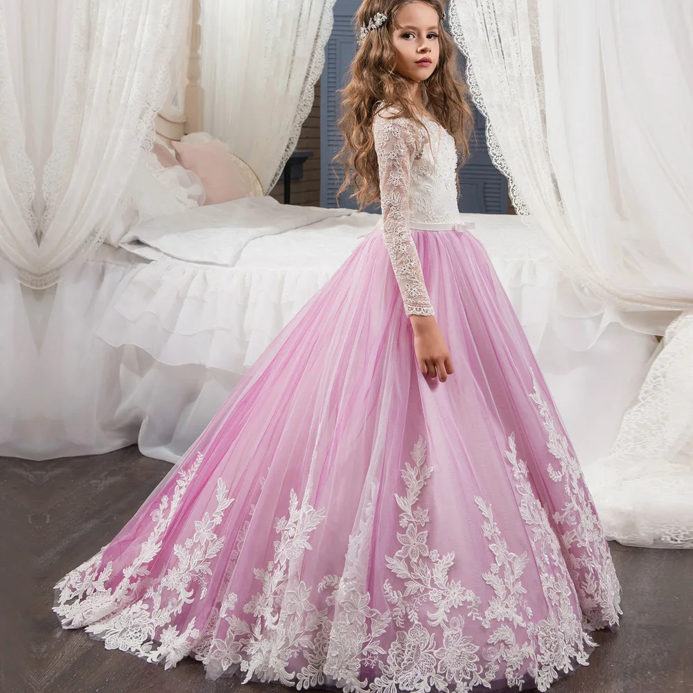 Caustom made pink full sleeve children lace Ball Gown girls party ball gown dress trainDresses