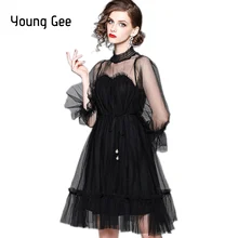 Jovem Caramba Doce Verão Outono Sexy Malha Manga Comprida Lace Vestidos Soltos Mulheres Ruffles Partido Midi vestidos Runway Elegante