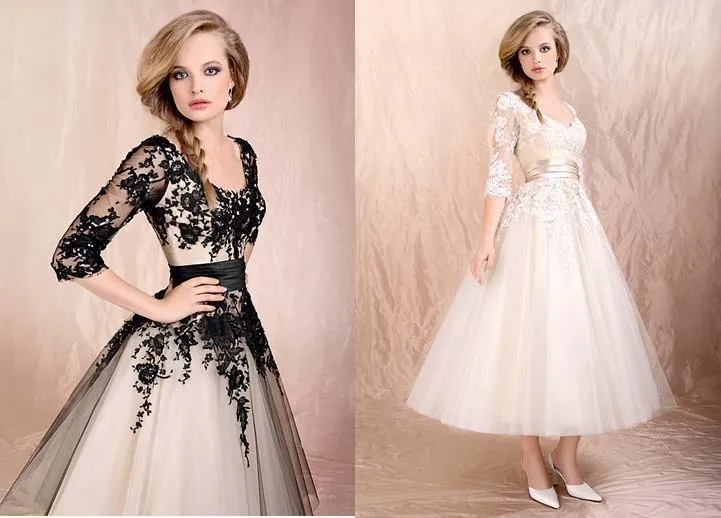 

free shipping 2016Black/Ivory Lace Sleeves Bridal Gown black gold embroider dress low back short lace wedding dress