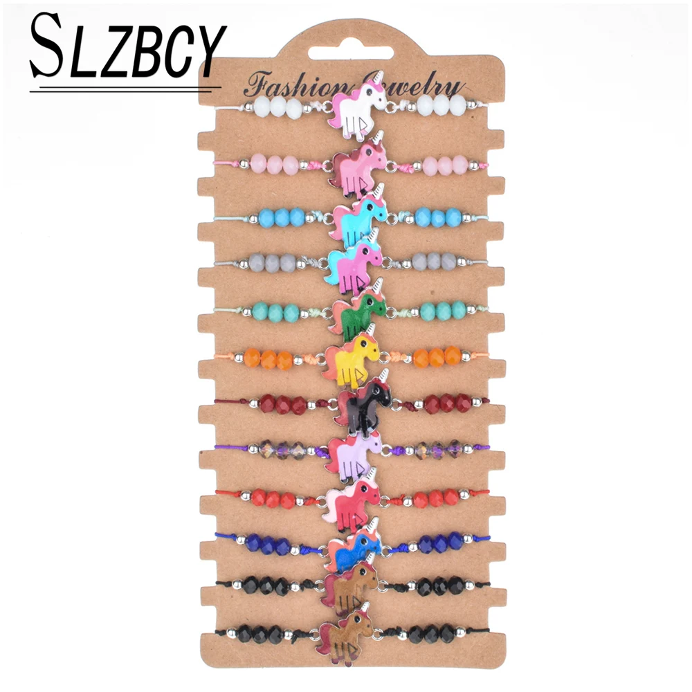 

12 pcs/lot Crystal Beads Unicorn Charm Bracelets Sets For Women Adjustable Butterfly Elephant Bracelet Weave Wristband Jewelry