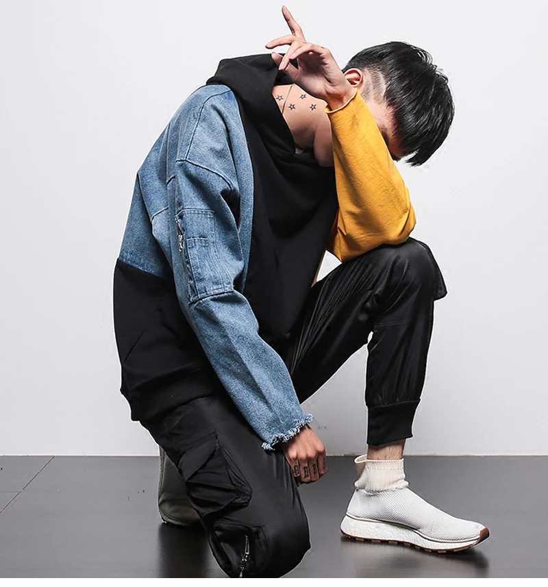 Patchwork Oversized Sweatshirt Men Fashion Long Hoodies Men  (16)