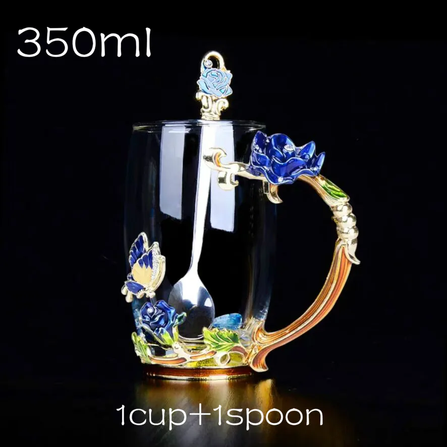 1cupspoon Красная роза, эмалированное стекло, кофейные кружки чашки для чая и кружки, ручной работы, термостойкие стаканы, стакан для воды, посуда для напитков, подарок для влюбленных, свадебная чашка - Цвет: 1cupspoon