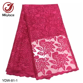 

Milylace 2019 French lace fabric 5 yards rose embroidery tulle lace fabric with shiny stones for party wedding dresses YDW-81