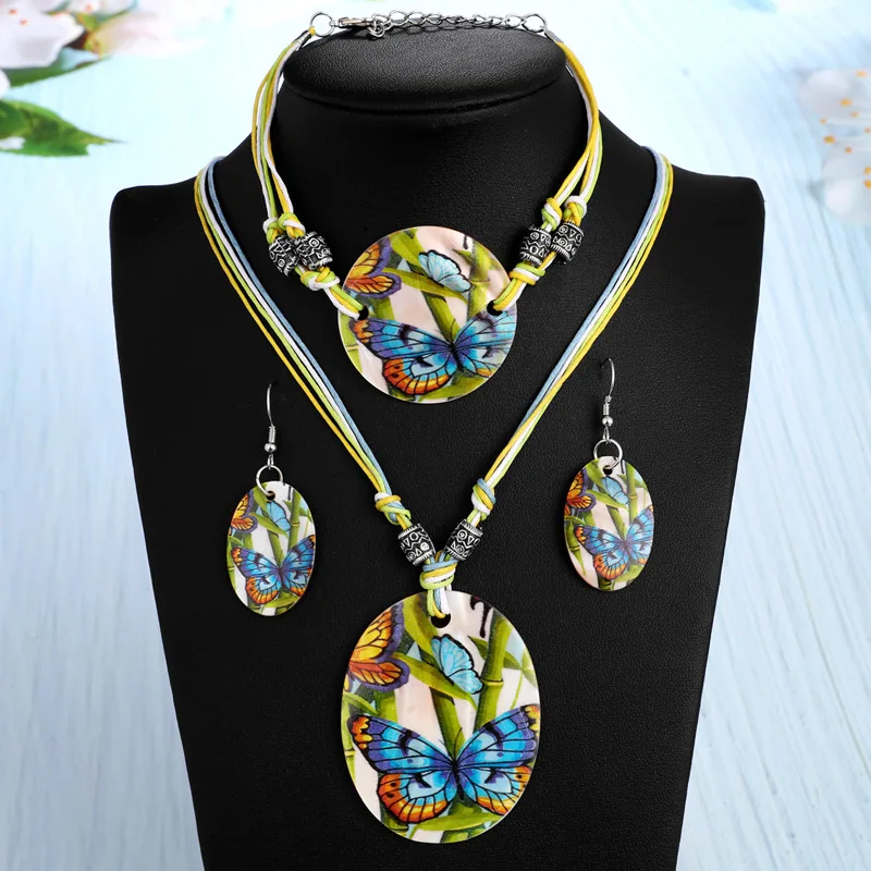 amazing price Fashion Jewelry Set Leather Chain Enamel Shell Necklace Earrings Bracelet Jewelry Sets Summer Bridal Jewelry Sets