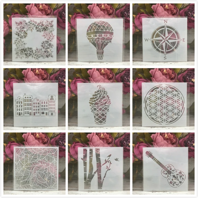 

9Pcs 13*13cm Hot Air Balloon Guitar DIY Layering Stencils Painting Scrapbook Coloring Embossing Album Decorative Card Template