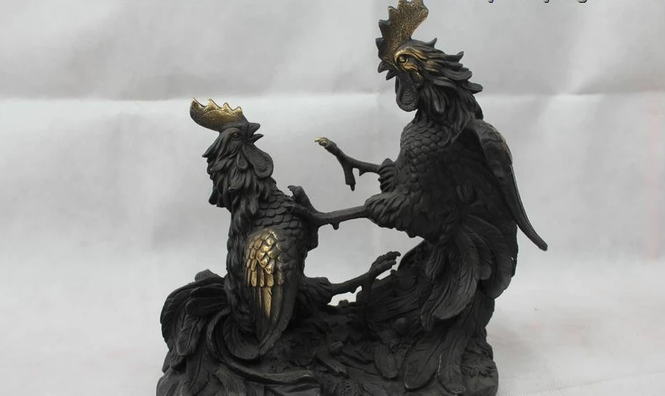 

11"China Folk Feng Shui Copper Wealth Zodiac Year Two Rooster Cock fight Statue