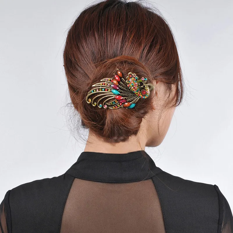 Women Girls Fashion Hair Clips for Crystal Peacock Big Hairpins Hair Accessories Barrette Donut Hair Style