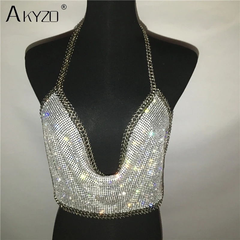 AKYZO Women Backless Luxury Rhinestone Camis Crop Top Fashion Chunky Metal Chain Diamond Hollow Out Plunge Halter Tank Tops