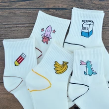 1 пара, белые женские носки в стиле Харадзюку, Kawaii, милые хлопковые носки-карандаш с рисунками героев мультфильмов, ракета, банан, динозавр, молоко, модные забавные носки с буквами для девочек