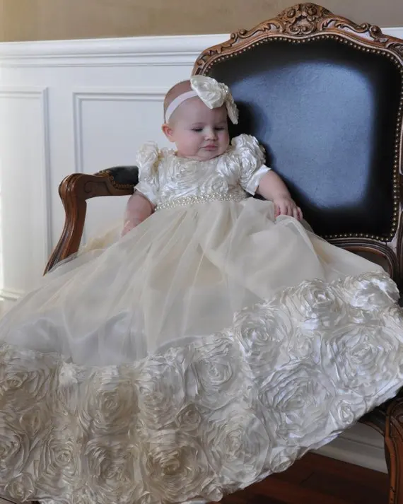 Ivory White Rosette Christening Gown Baby Girls Baptism Gown Short
