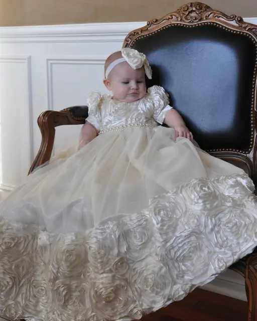 Ivory White Rosette Christening Gown Baby Girls Baptism Gown Short
