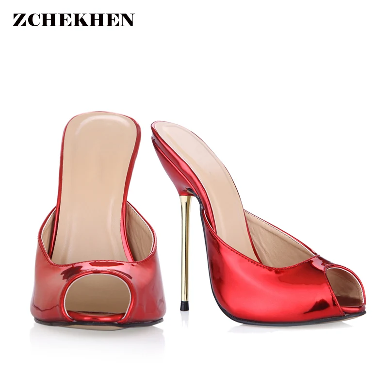 

Sexy Summer Fashion High Heels Open Toed Sandals Slippers Mules12.4CM/10.7CM metal thin heels Sandals paty dress Chaussure Femme