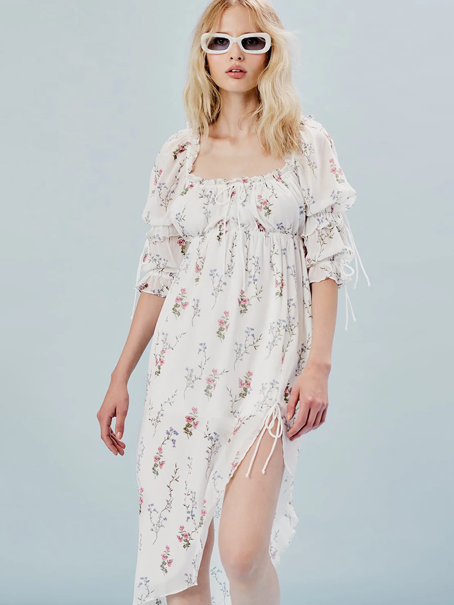 

Floral Chiffon Chic Midi Dress Women Summer 3/4 Sleeve Ruffles Trim Vintage Dresses 2019 Clothes Evening Party Elegant Dress