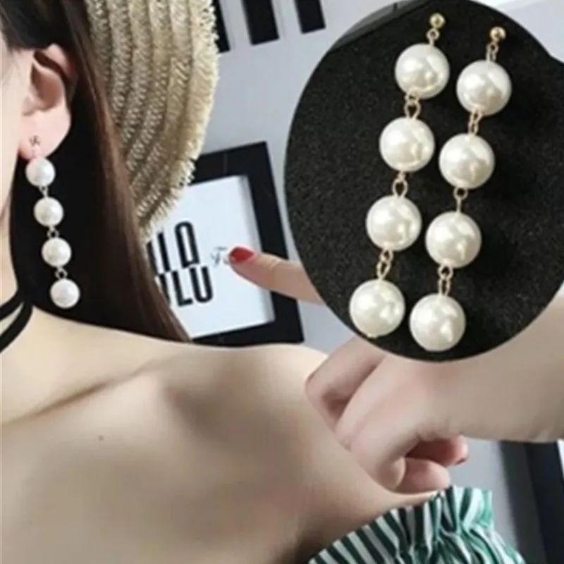 

New Personality Wild Simple Temperament Earrings Exaggerated Large Pearl Tassel Long Earrings Beaded Prevent Allergy Earrings