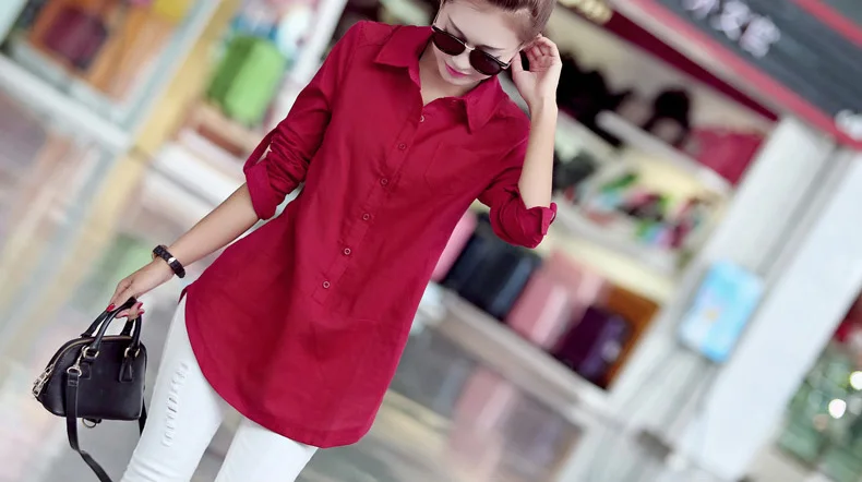 Camisa Feminina, женские хлопковые льняные рубашки и топы, блузка, большие женские большие размеры Xxxl 4xl 5xl 6xl, белая блузка - Цвет: Red wine