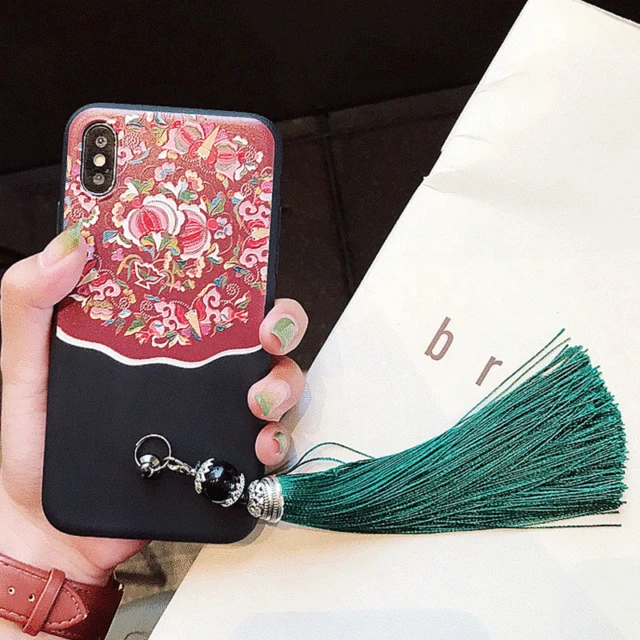 Relief Chinese Style Flower Patterned Phone Cases with Tassel Pendant