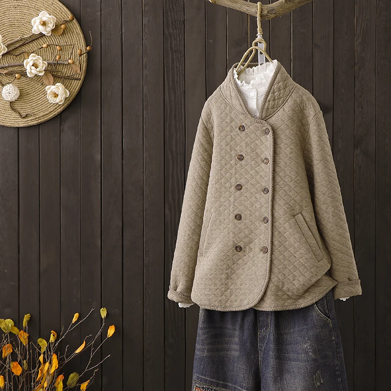 Plalid Femelle Baisc Manteau Veste marron Rétro Automne Longues Chaquetas Noir Coton Manches Col Hiver Stand Rembourré Survêtement Solide Femmes Mujer 77xYPO