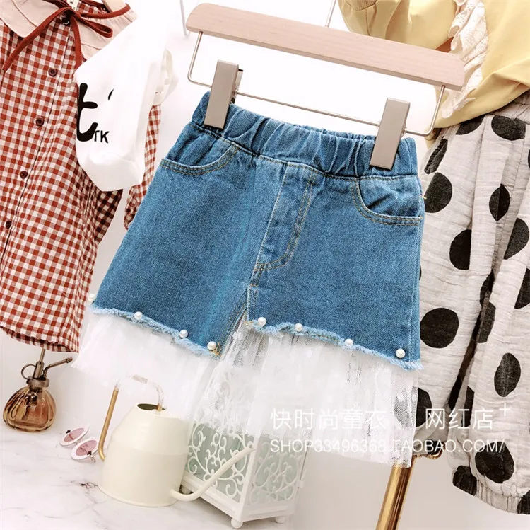 

2019 spring new children's clothing for girls ladies wind beaded lace stitching irregular denim skirts
