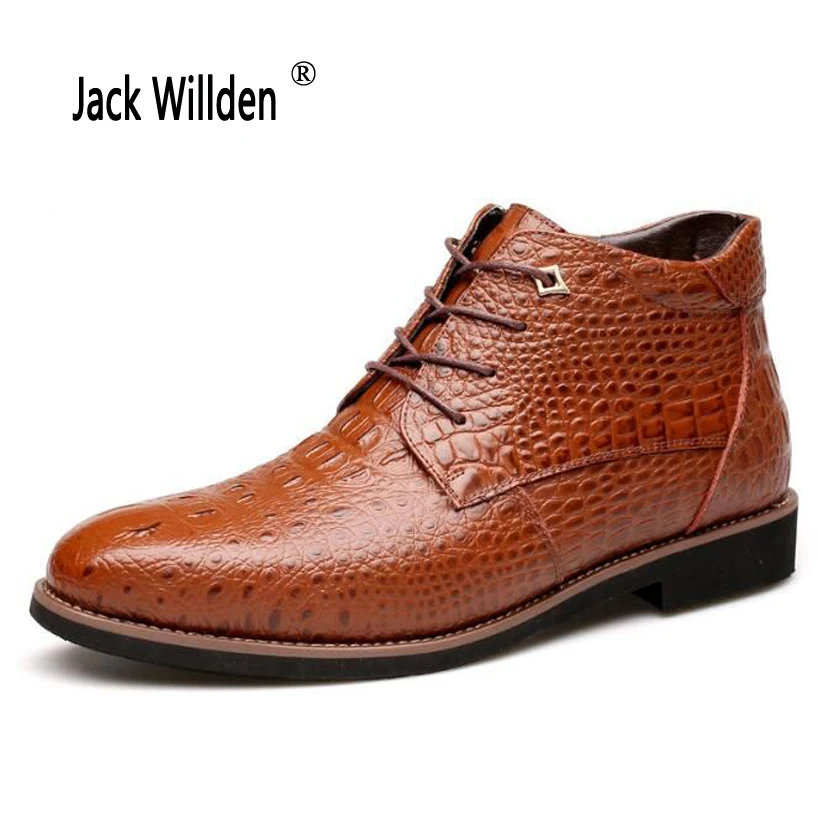 Jack willden/Мужская зимняя обувь из натуральной кожи; большие размеры 38-46; короткие зимние ботинки; модные роскошные Ботинки martin из плюша с крокодиловым лицевым покрытием