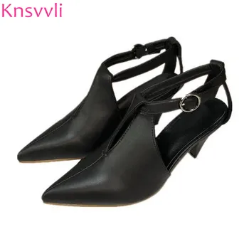 

Kitten Heel Women Shoes Pionty Toe Genuine Leather One Word Buckle Women Pumps Spike Heels Slingbacks High Heel Woman Sandals
