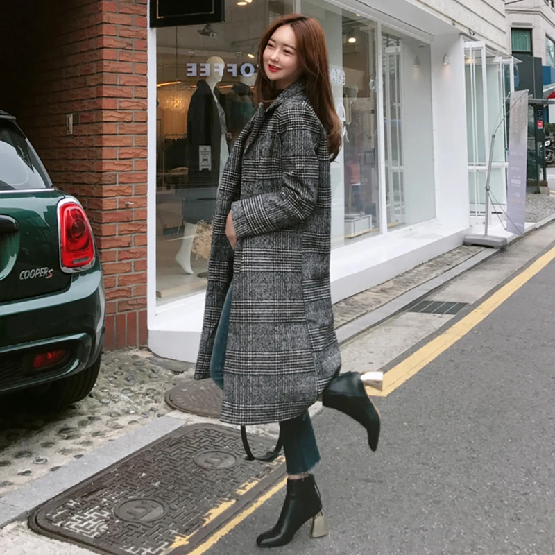 2018 Spring Autumn Women's Wool Plaid Coat New Fashion Long Woolen Coat Slim Type Female Winter Wool Jackets Female Outw