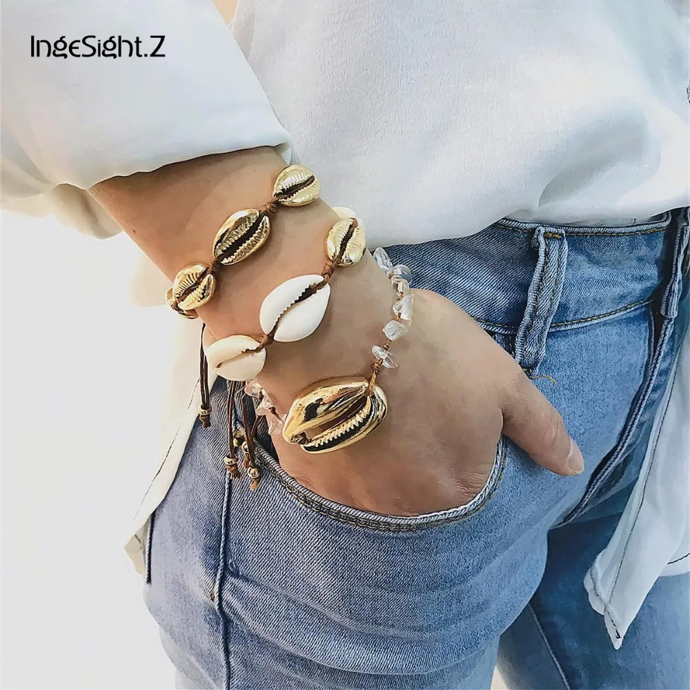 

IngeSight.Z 3Pcs/Set Bohemian Big Alloy Shell Bracelet Charm Natural Stone Adjustable Bracelets Bangle for Women Boho Jewelry