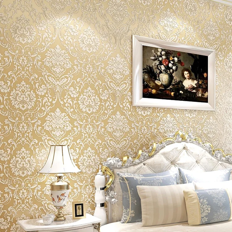 

New hot Luxury European Damascus golden big flowers 3D flocking non-woven wallpaper Warm living room bedroom TV back wall papers