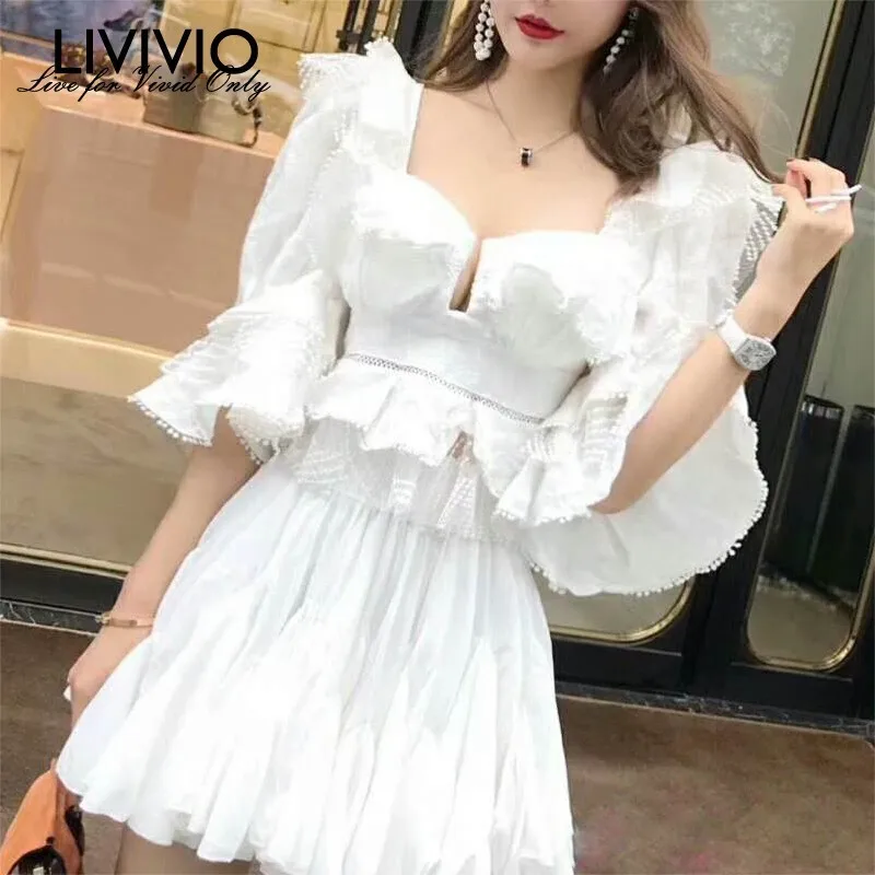 

[LIVIVIO] Ruffle Lace Blouse Women White Shirt 2019 Autumn Sexy Ladies Square Neck Tops Puff Sleeve Korean Fashion Clothing New